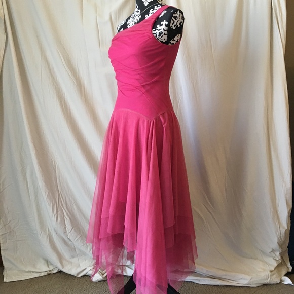 Vintage "Fairy" Asymmetrical Hem Pink Chiffon One Shoulder Midi Dress, XS - Picture 5 of 13